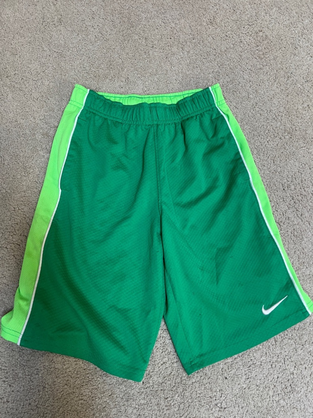 Nike Boys Green Shorts with Lime Side Panels and White Swoosh